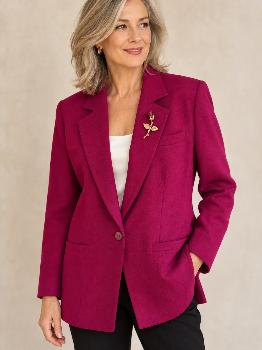 Vintage Gaytown Toronto 100% Wool Magenta Blazer + Rose Brooch